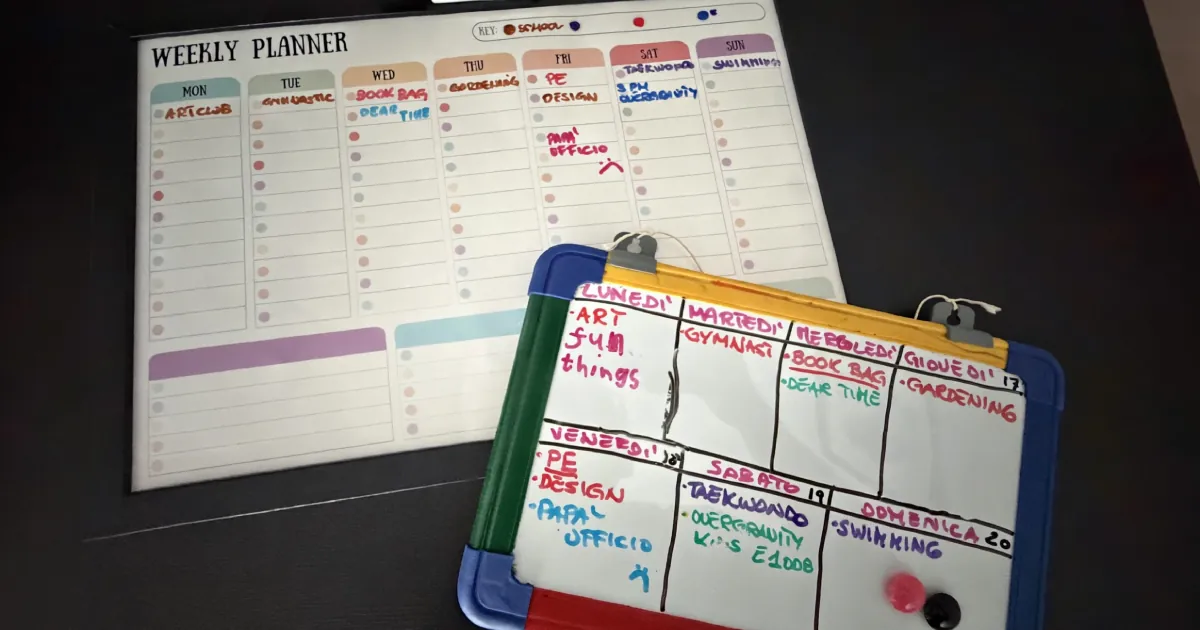 An improvised erasable family calendar beside the reusable weekly planner that replaced it