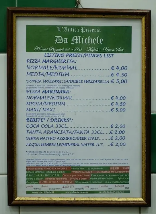 A simple menu from L’Antica Pizzeria da Michele in Naples